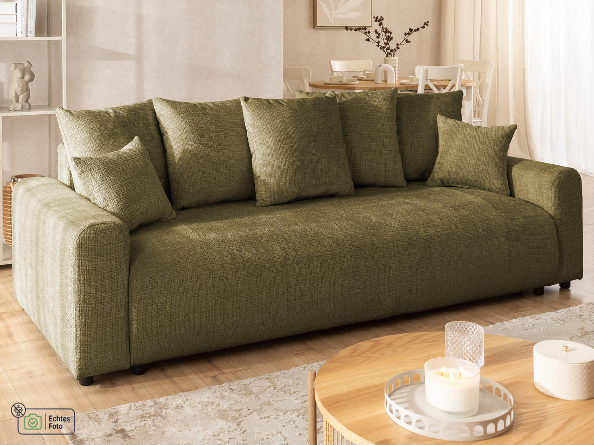 SCHLAFSOFA Calma mit Bettkasten im Bumpy-Design aus weichem Grün Chenille-Stoff - Schwarz/Grün, Holz/Kunststoff (239/88/98cm) - S-Style