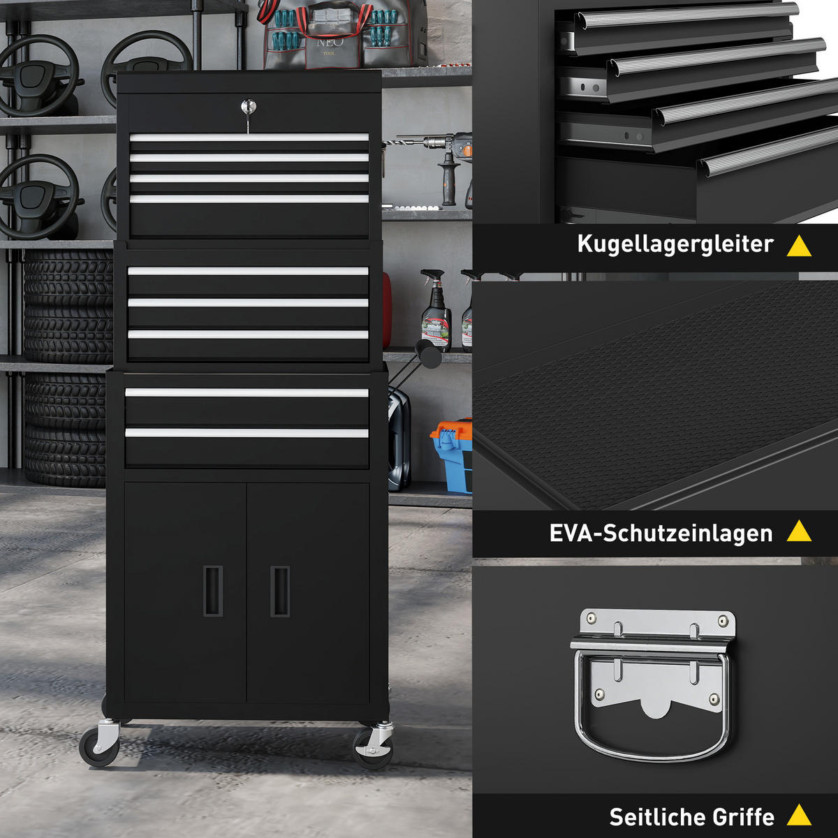 WERKZEUGKISTE 3-IN-1 DE-10558 9 Schubladen mit Rollen Schwarz - Schwarz, Metall (33/133/69.5cm) - ComfortXL