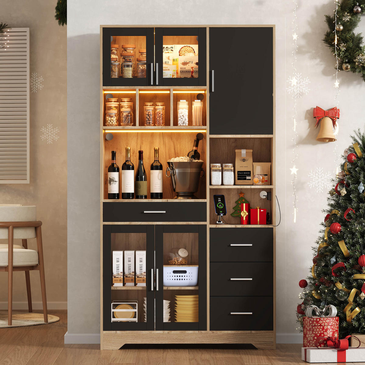 BUFFETSCHRANK Schwarz Natur 100/40/185 cm - Schwarz, Holz (100/185/40cm) - PANGIVO
