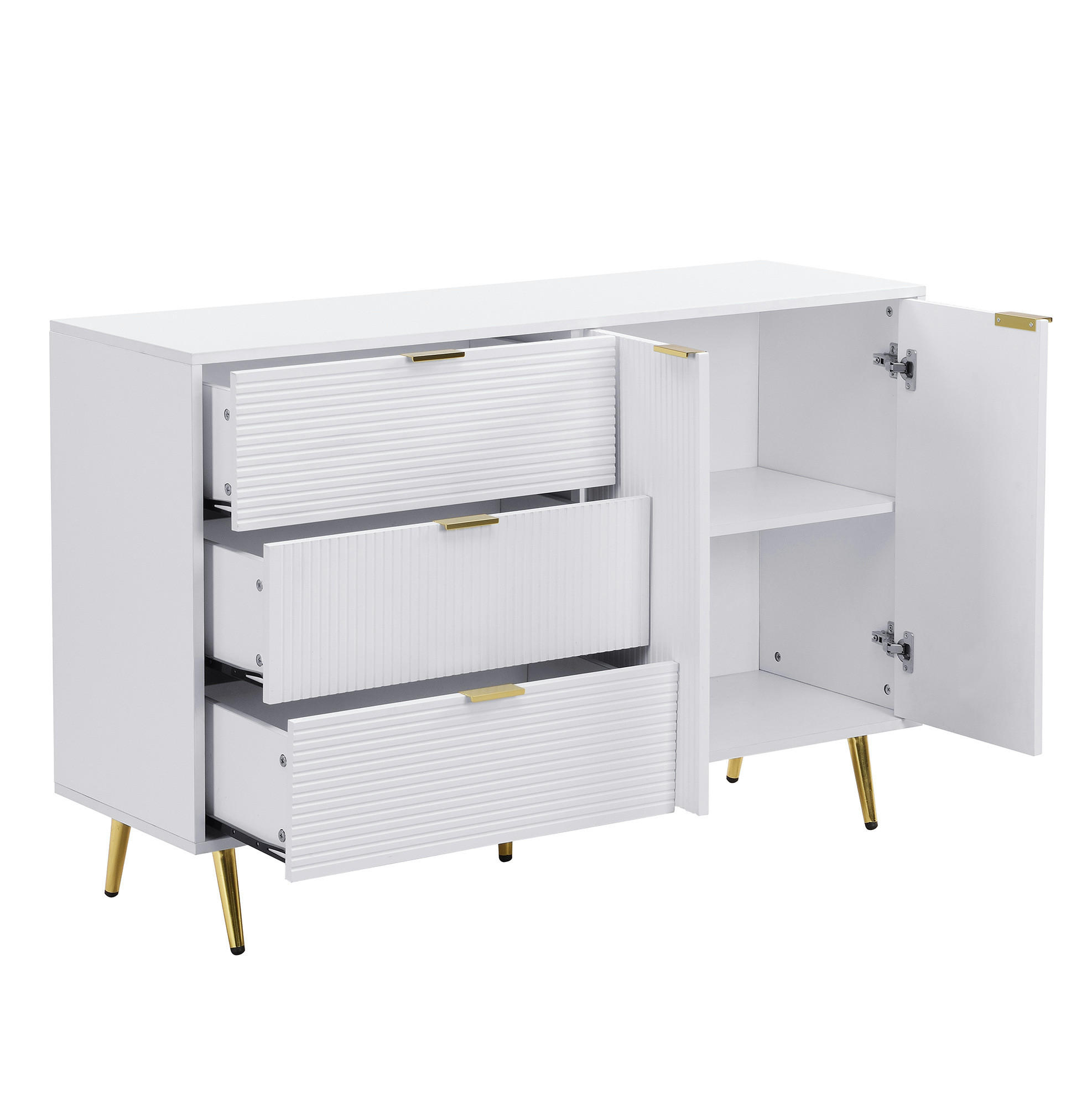 Modfu KOMODA z MDF 120x38x80,5 cm bílá a zlatá se 3 zásuvkami, 2 dvířky a vnitřními policemi