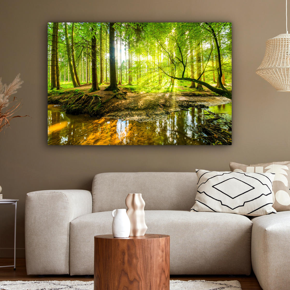 LEINWANDBILD Wald - Landschaft - Wasser - Bäume - Sonne - Grün - Natur Wohnzimmer 120x80 cm - Grün, Textil (120/80cm) - MuchoWow