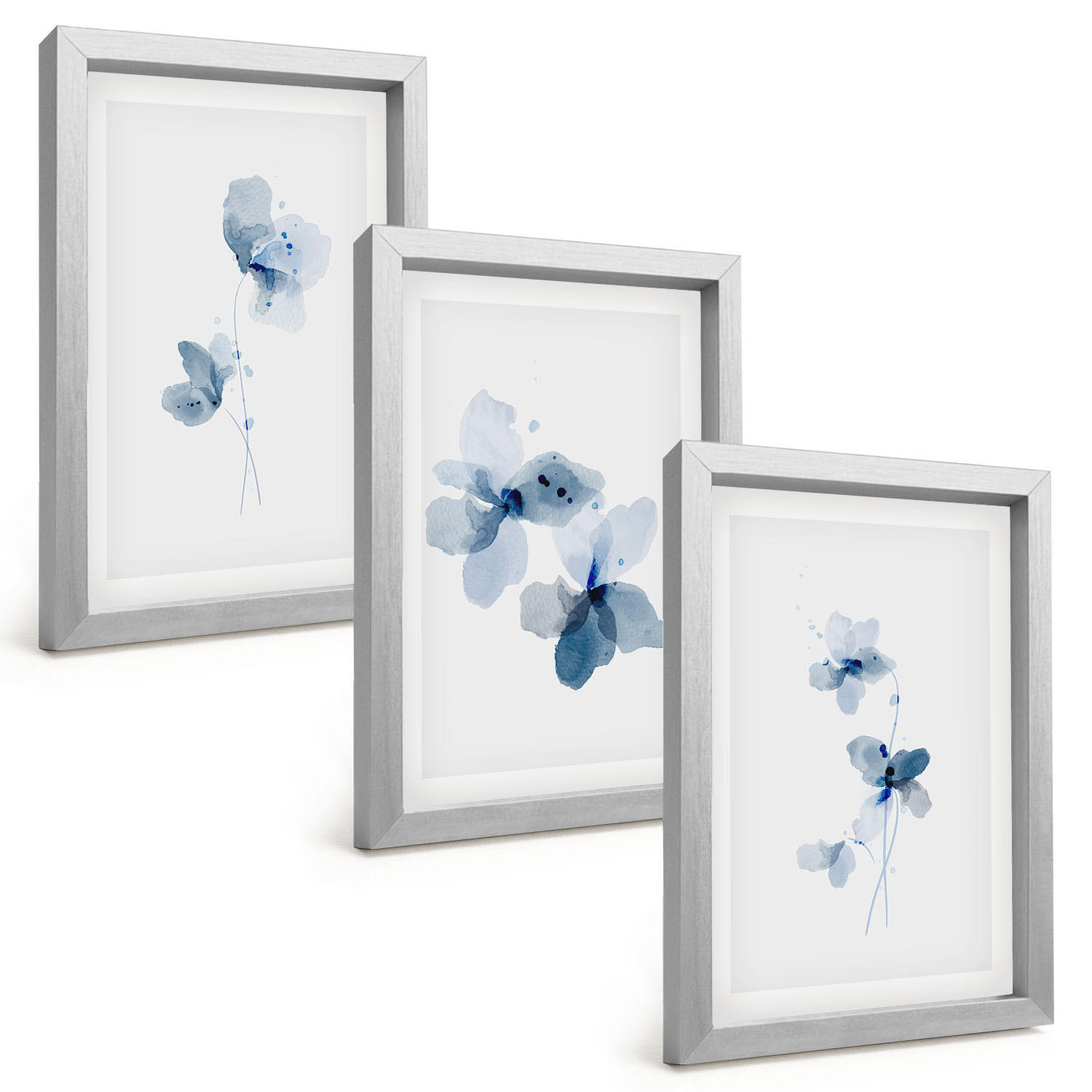 BILDER SET 3er Set - 20x30 cm Silberner Rahmen - Blaue Blumen - Silberfarben, Kunststoff (20/30cm) - TULUP