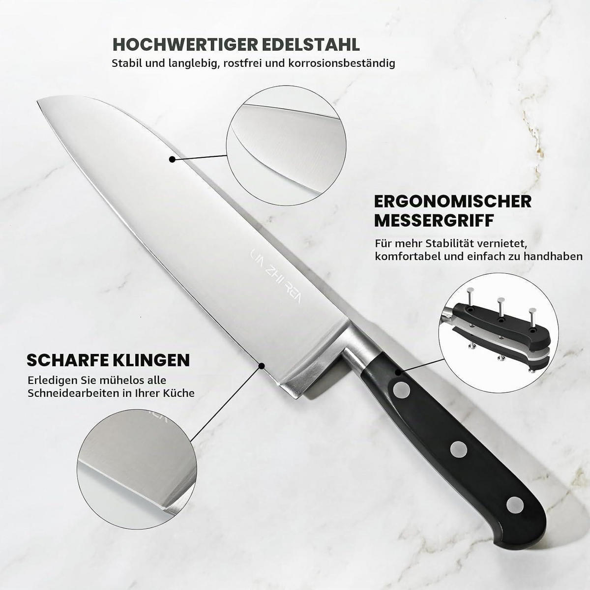 KÜCHENMESSERSET 3-teiliges Set Edelstahl rostfrei ergonomischer Griff - Silberfarben, Metall