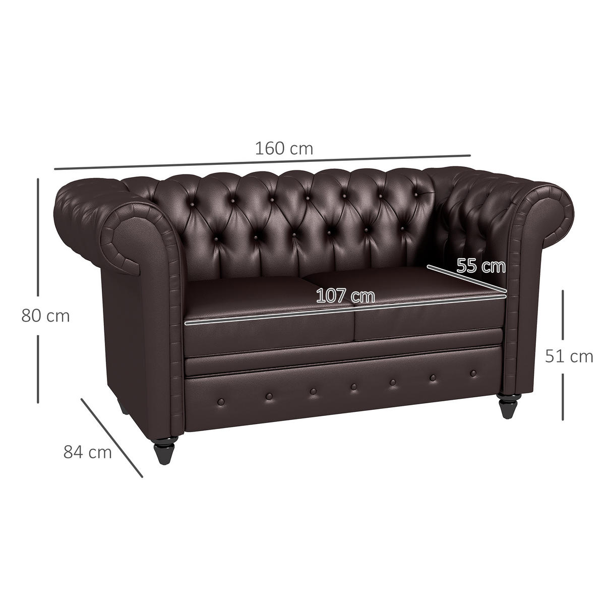 SOFA, 2-Sitzer, Chesterfield, abnehmbare Kissen, Kunstleder, braun, 160x84x80cm - Multicolor, Holzwerkstoff (160/80/84cm) - FORIOUS