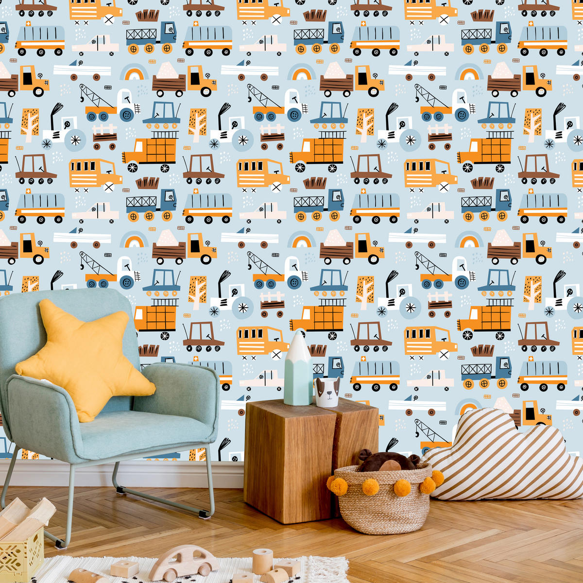 VLIESTAPETE Autos und Baustellenfahrzeuge – Orange, Blau, Grau – 50x1000 cm - Blau/Orange, Papier (50/1000cm) - Muralo