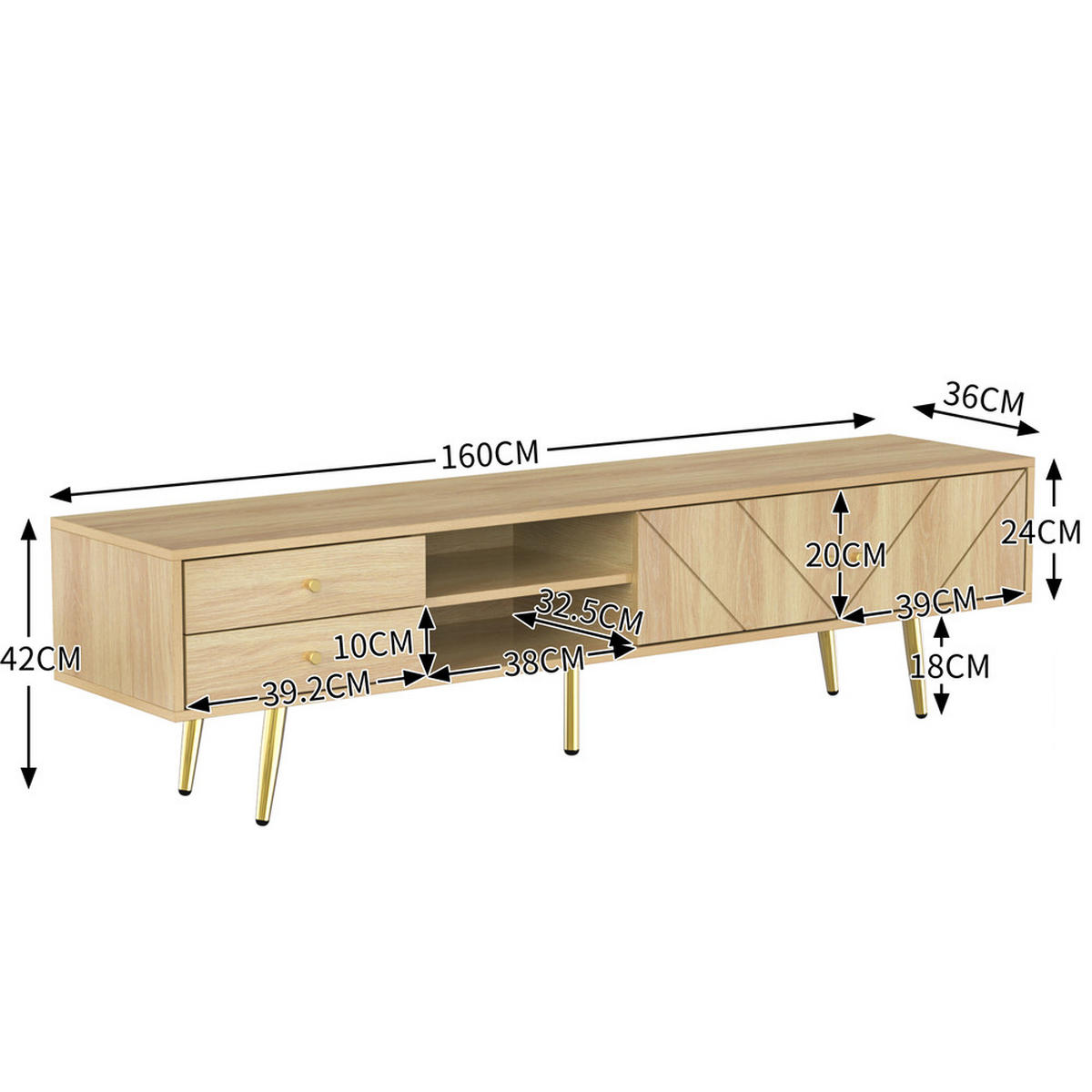 TV-SCHRANK 160cm mit goldenen Füßen 2 Schubladen einzigartige Türen - Braun, Holz (47.5/12/177.5cm) - FLIEKS