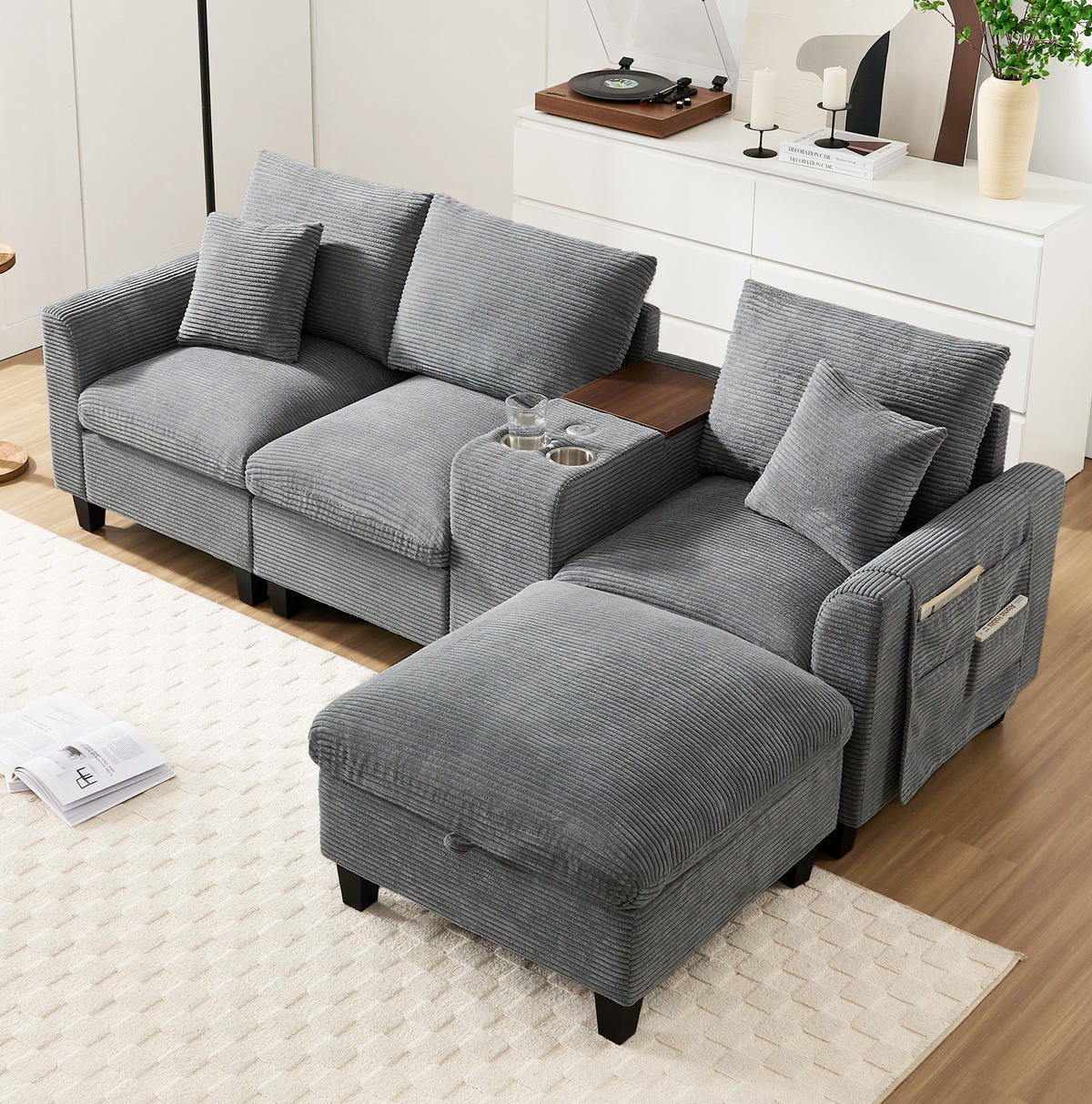 ECKSOFA L-Form 4-Sitzer mit USB-Anschlüssen & Armlehnen Aufbewahrungstaschen Cord Grau 229/149,5/83 cm - Grau, Textil (229/149.5cm) - OKWISH
