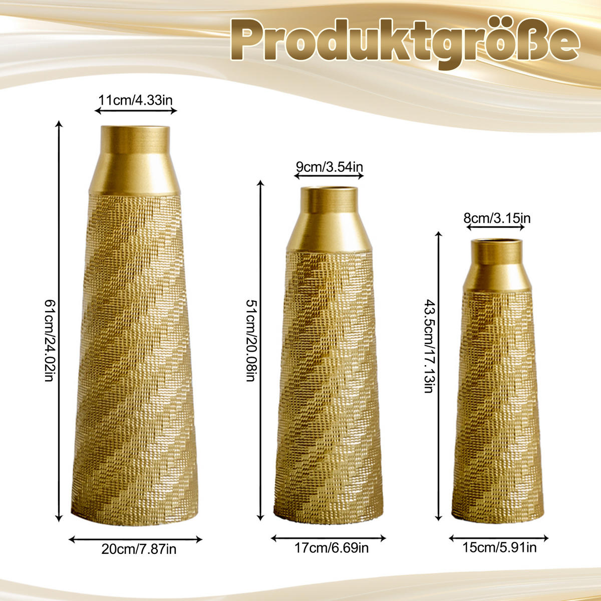 BODENVASE 3-tlg Metallvase Gold 43,5-61cm-Bodenvase mit Textur für Trockenblumen - Weiß, Metall (66.51cm) - Raelunyi
