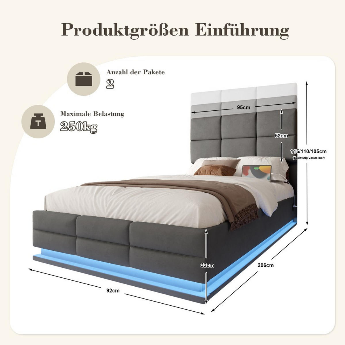 BOXBETT 90/200 mit Bettkasten, LED, USB/Typ C-Ladeanschluss,Samt,Grau - Grau, Holz (90/200cm) - LVHOM
