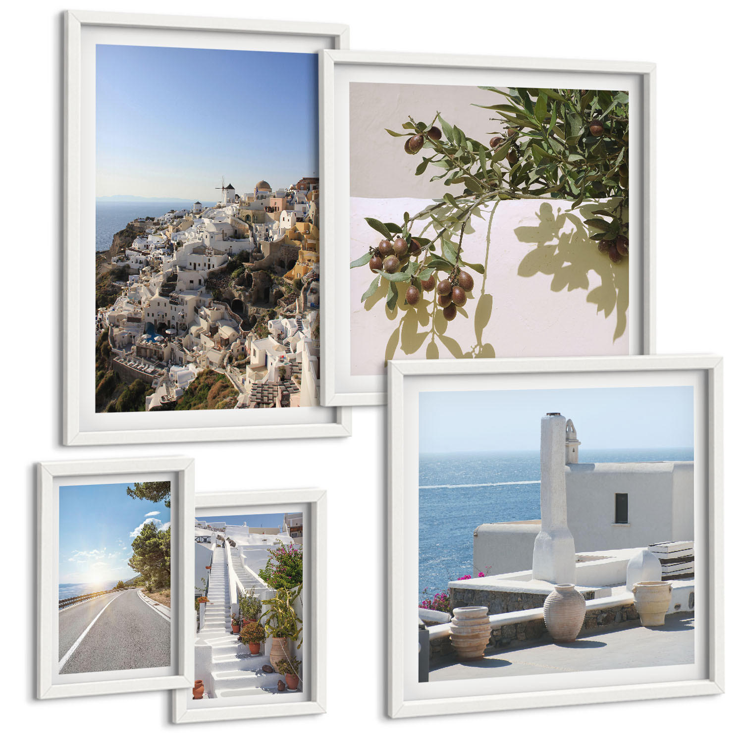 BILDER SET 5er Set - 50x50 cm & 20x30 cm & 40x60 cm Weißer Rahmen - Weiße Treppe mit Blick auf Santorini - Weiß, Kunststoff (40/60cm) - TULUP