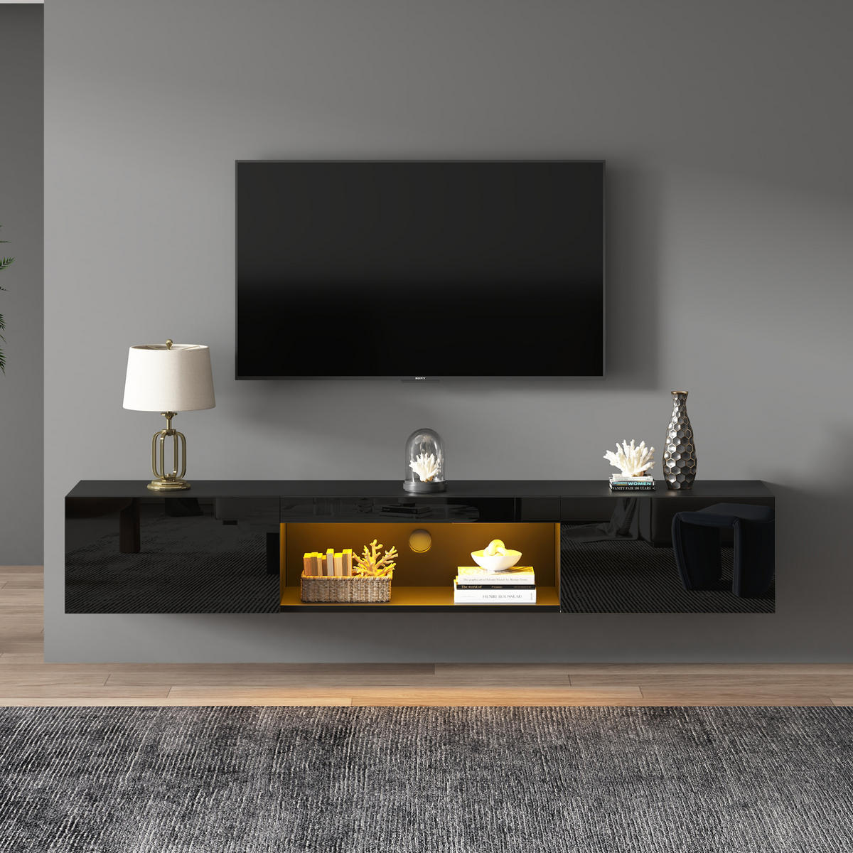 TV-ELEMENT wandhängend 160 cm Hochglanz Schwarz mit LED - Schwarz, Holzwerkstoff (31/22/160cm) - Beauniv