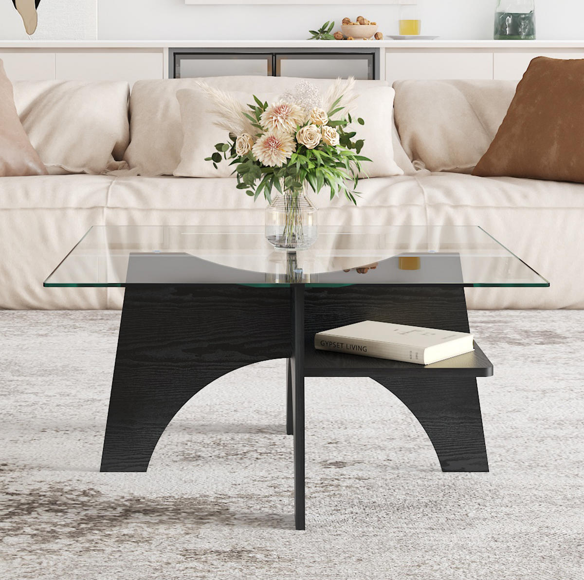 COUCHTISCH aus MDF und Glas 80x80x40 cm in Schwarz mit Ablagefach - Schwarz, Glas (80/80/40cm) - Modfu
