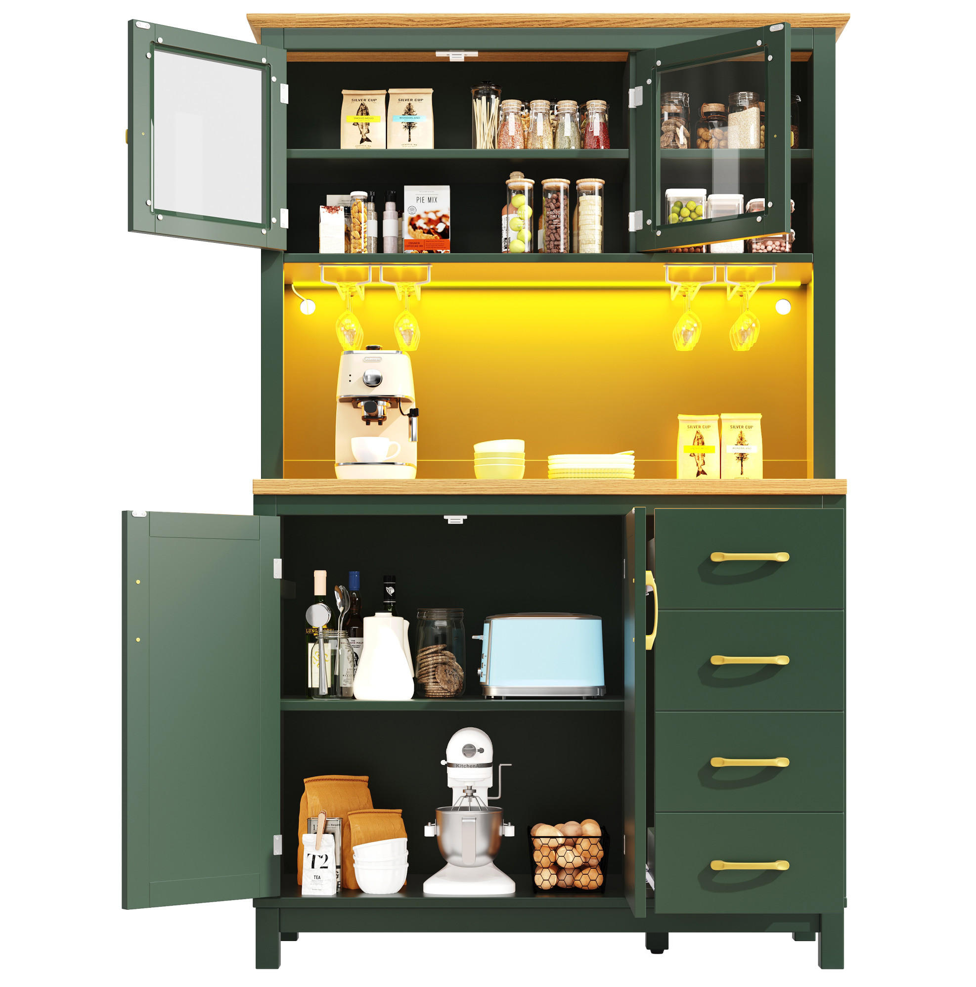 BUFFET 105,5/40/180 cm aus MDF mit LED-Lichtleiste und großem Stauraum Grün - Grün, Holzwerkstoff (105.5/180/40cm) - Modenvie