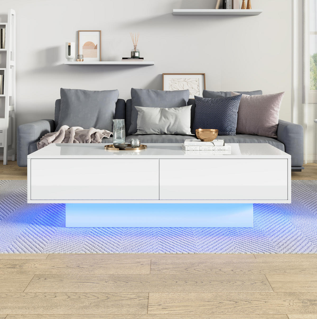 COUCHTISCH mit 2 Schubladen 115 x 55 x 34 cm Hochglanz Weiß mit LED - Weiß, Holzwerkstoff (115/55/34cm) - Meubliv
