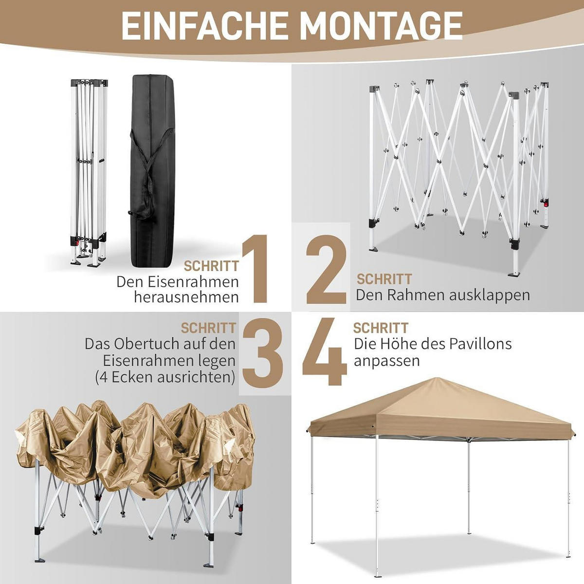 FALTPAVILLON 3 x 3 m Khaki Wasserdicht UV-Schutz 50+ mit 4 Seitenteilen - Olivgrün, Textil (300/255/300cm)