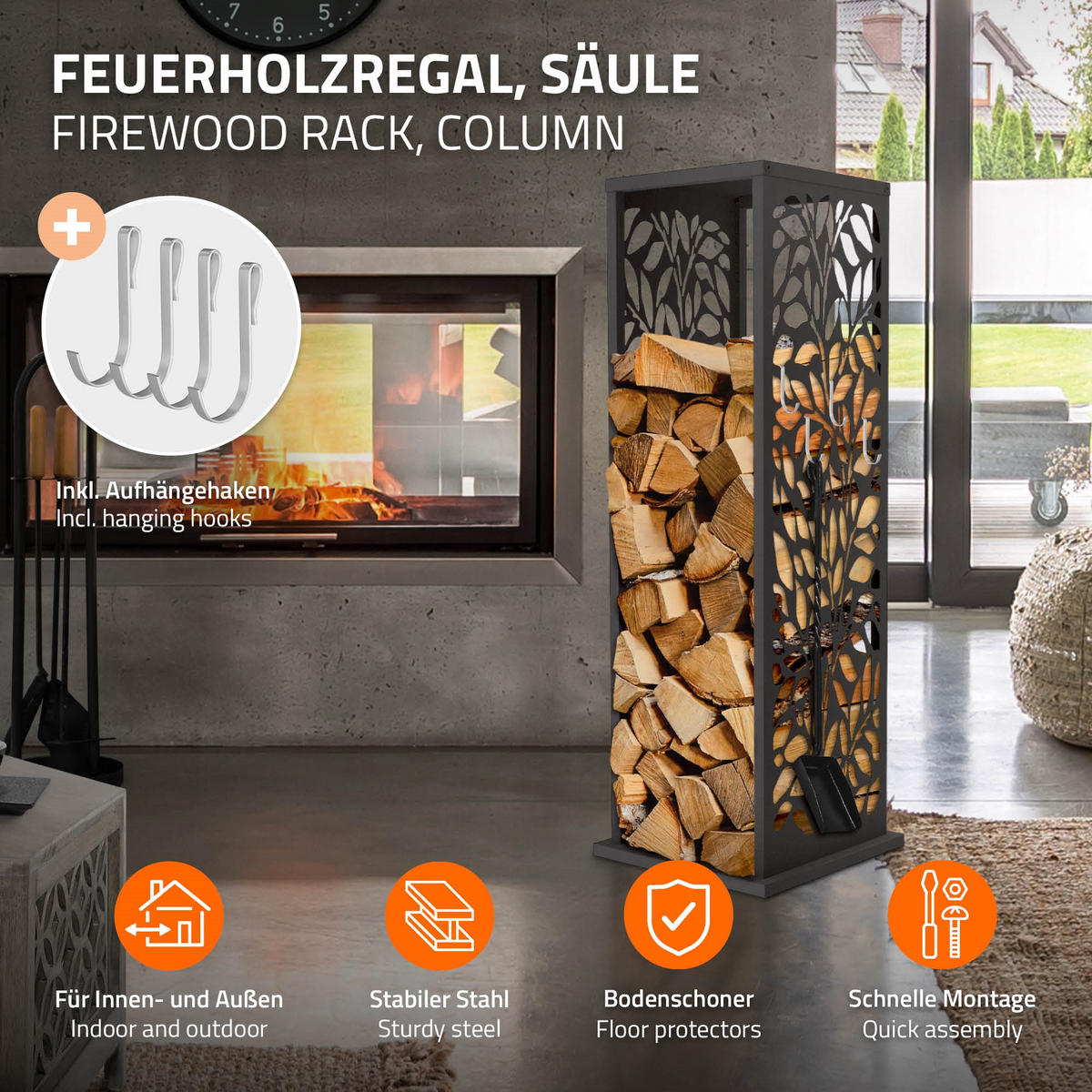REGÁL NA DŘEVO Vnitřní i venkovní regál na dřevo 37,5 x 37,5 x 112 cm z pozinkované oceli v antracitové barvě s motivem listů - antracitová, kov (37.5/112/37.5cm) - ML-DESIGN
