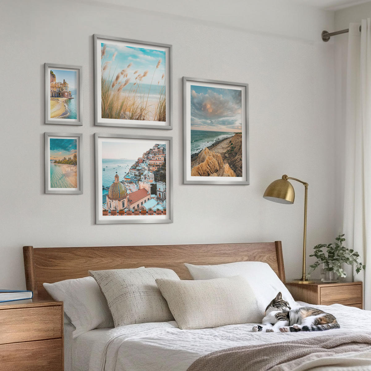 BILDER SET 5er Set - 50x50 cm & 20x30 cm & 40x60 cm Silberner Rahmen - Landschaften Strand Stadt Klippen - Silberfarben, Kunststoff (40/60cm) - TULUP