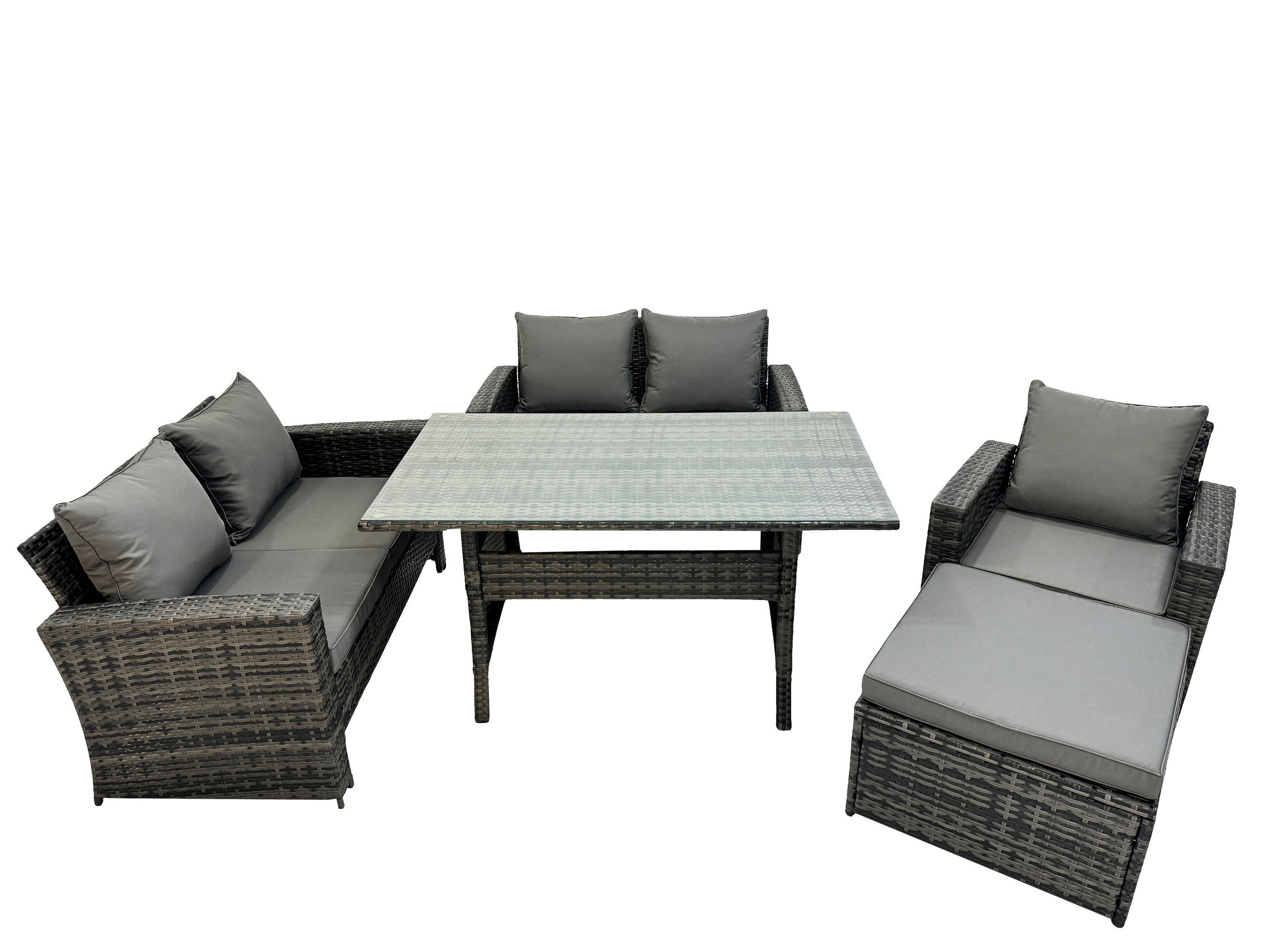 GARTENMÖBELSET mit 2-Sitzer Sofa,3 Hockern,Esstisch Polyrattan Dunkelgrau 6-Sitzer - Dunkelgrau/Grau, Glas/Kunststoff - Fimous