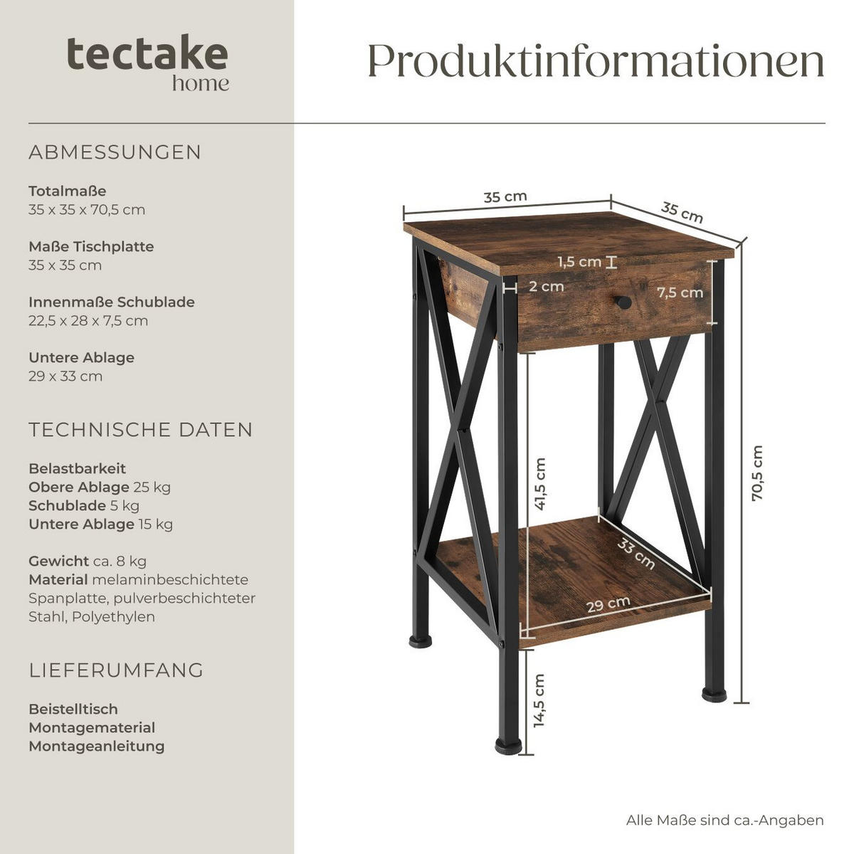 BEISTELLTISCH Dayton,35 x 35 x 70,5 cm,Industrial Holz dunkel, rustikal - Rostfarben, Holzwerkstoff (35/35/70.5cm) - tectake