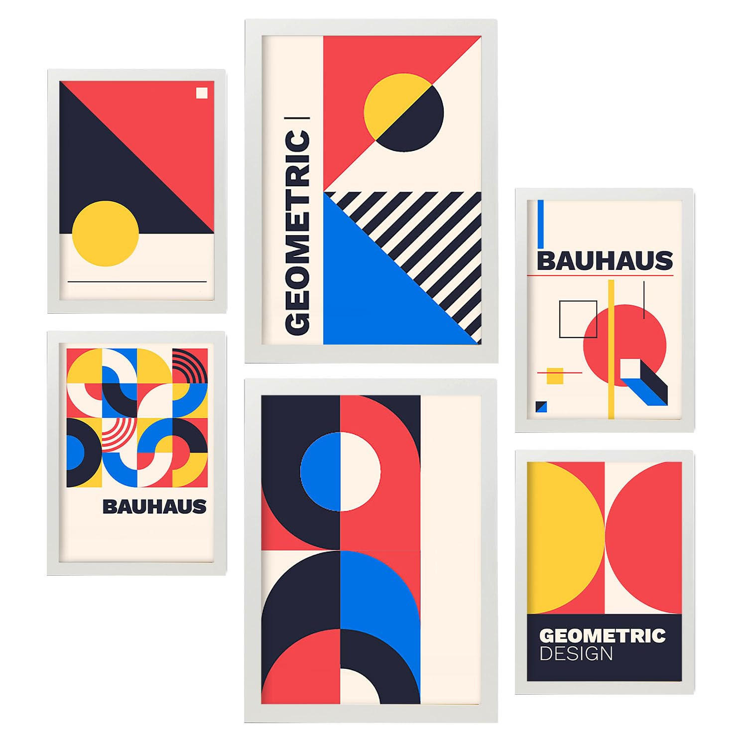 POSTER Set Mit 6 Drucken Im Bauhaus 5 Geometrische Designkollektion Drucke Mit Frames Ästhetische Dekorative Rahmen Für Zuhause A3 & A4 Weißer Rahmen - Weiß, Papier (29/3cm) - Nacnic