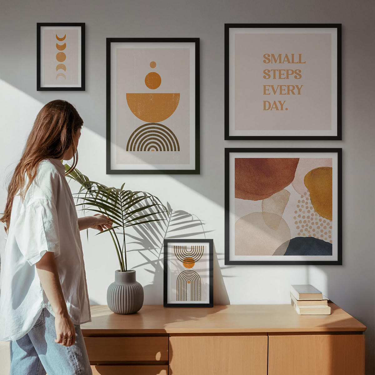 WANDBILDER 5er-Set - 50x50 cm & 20x30 cm & 40x60 cm Schwarzer Rahmen - Boho-minimalistische Dekorationen - Schwarz, Kunststoff (40/60cm) - ArtPrintCave