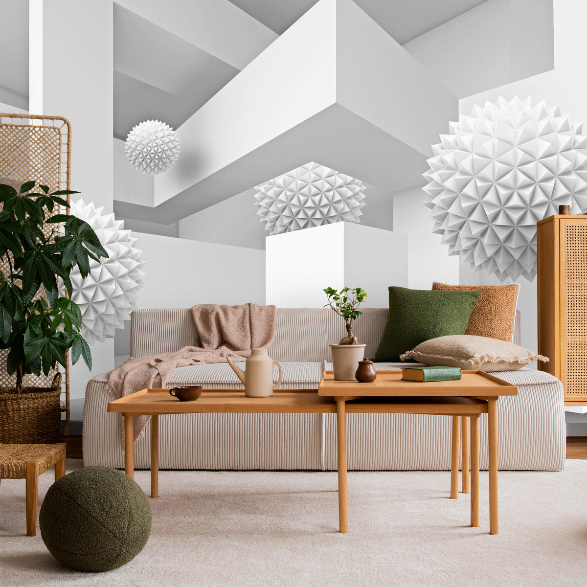 FOTOTAPETE für Wohnzimmer Abstrakte Kugeln Geometrie Illusion 350x256 - Weiß/Grau, Papier (350/256cm) - Muralo