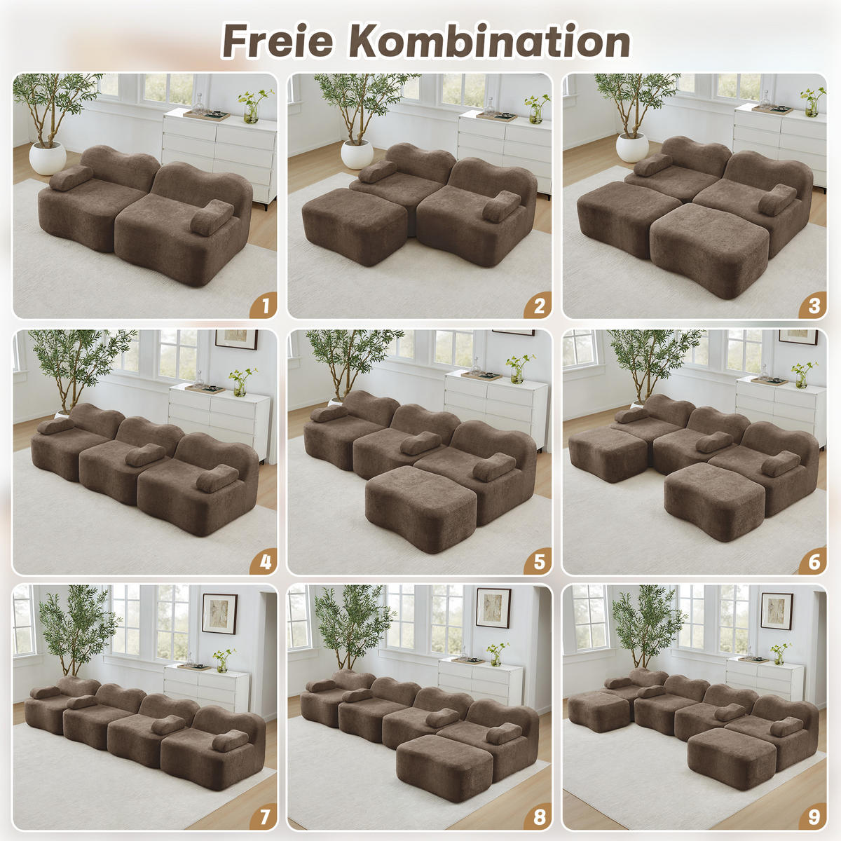 4-SITZER Sofa 384x167x70 cm aus Samtstoff rahmenlos modular, braun - Braun, Textil (167/70/384cm)