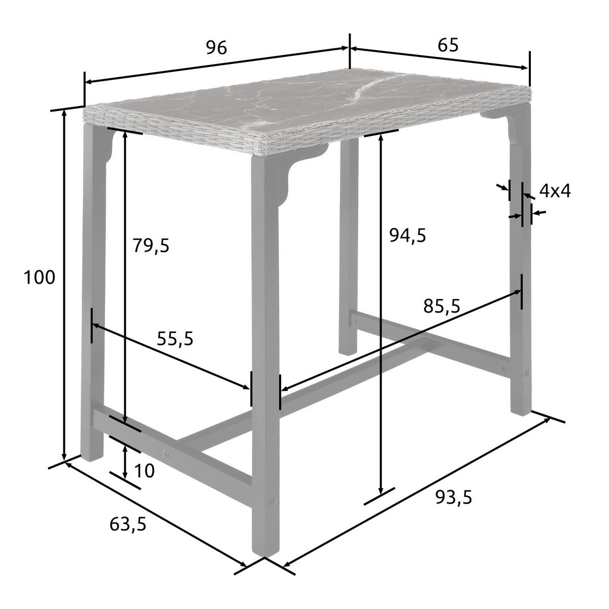RATTAN BARTISCH Kutina,96 x 65 x 100 cm,grau - Grau, Kunststoff (96/65/100cm) - tectake