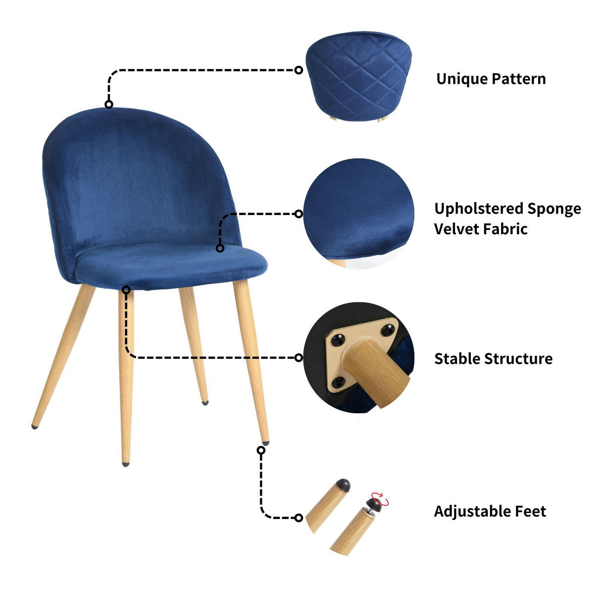 STUHL-SET 2 Stück in Samt DUNKELBLAU - Blau/Eichefarben, Holzwerkstoff/Textil (55/78/47cm) - Urban Meuble