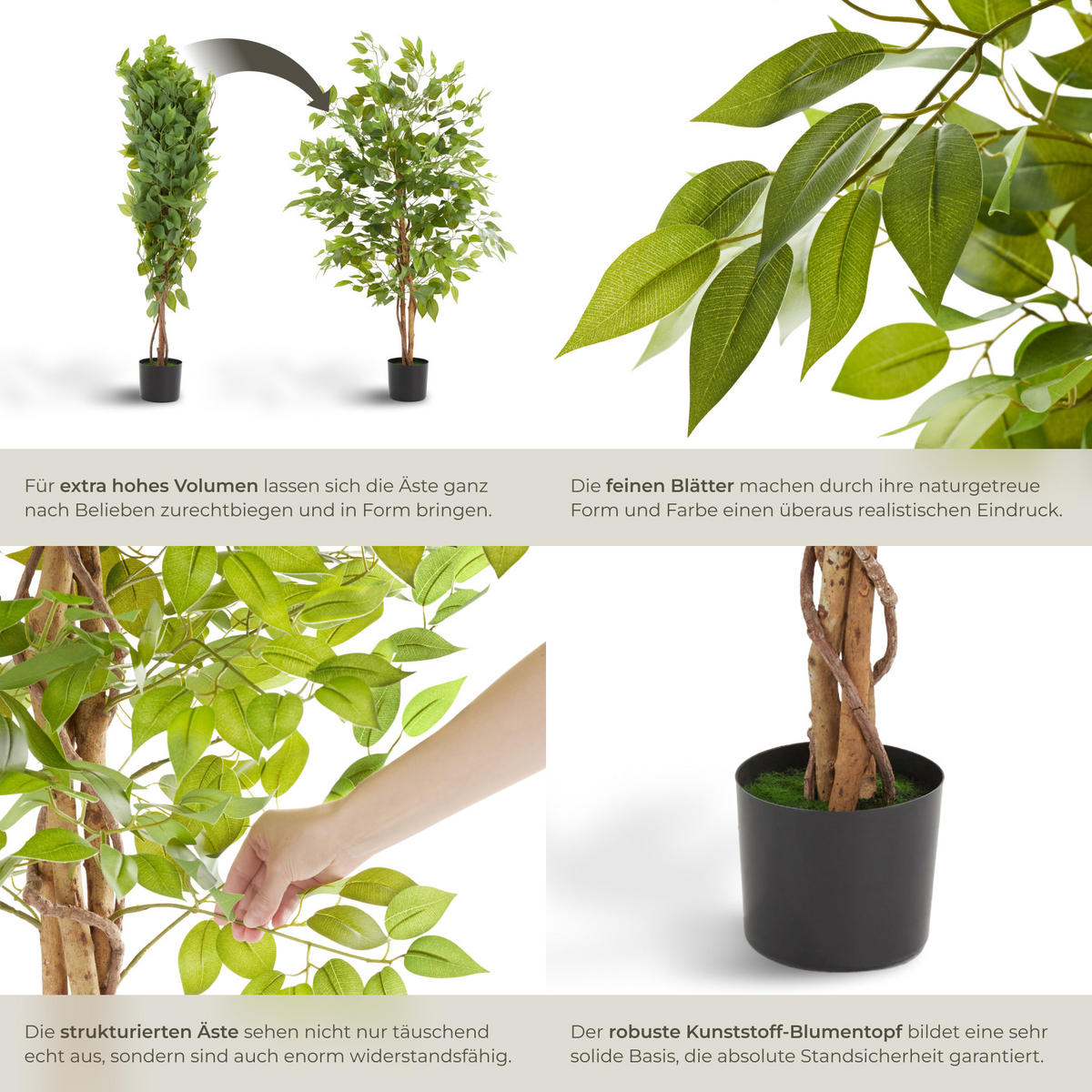 KÜNSTLICHER-FICUSBAUM Fida,stabiler Kunststoff-Blumentopf,grün - Grün, Kunststoff (120cm) - tectake