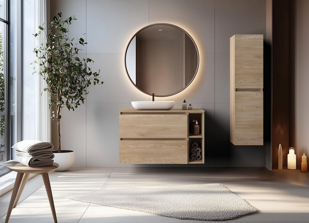 BADEZIMMERSCHRANK 100 cm (80 + 20) + TOP, Farbe: helle Eiche, 100 x 46 x 60,7 cm, mit Arbeitsplatte - Beige, Holzwerkstoff (100/60.7/46cm) - 3XE LIVING