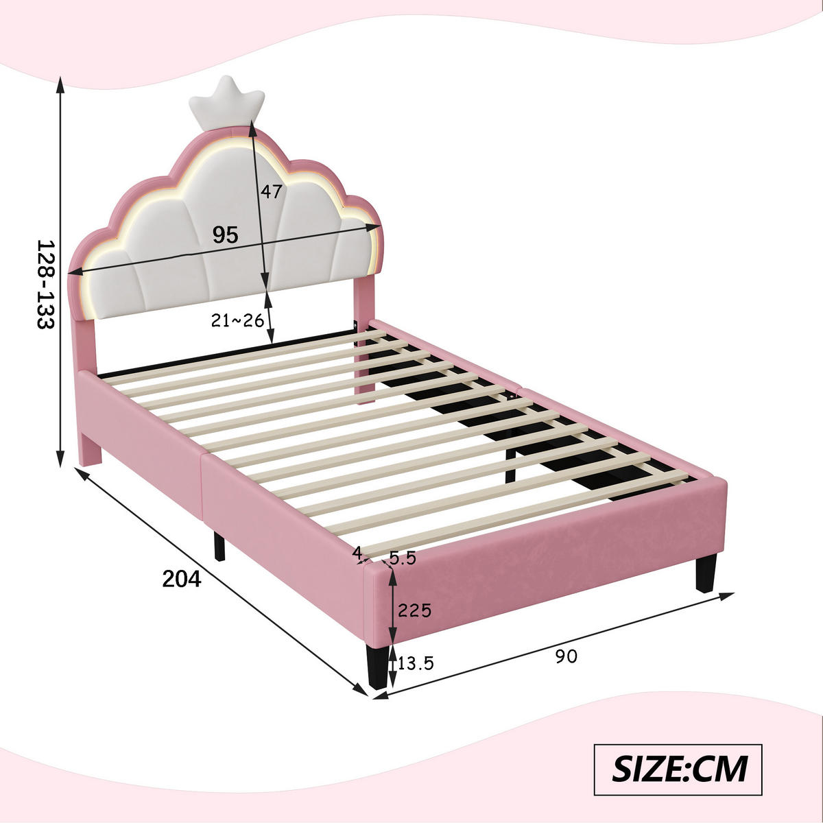 POLSTERBETT 90x200, Kinderbett mit Kopfteil und Lattenrost, LED, Samt, Rosa - Rosa, Holz/Textil (90/200cm) - GENKI LIVING