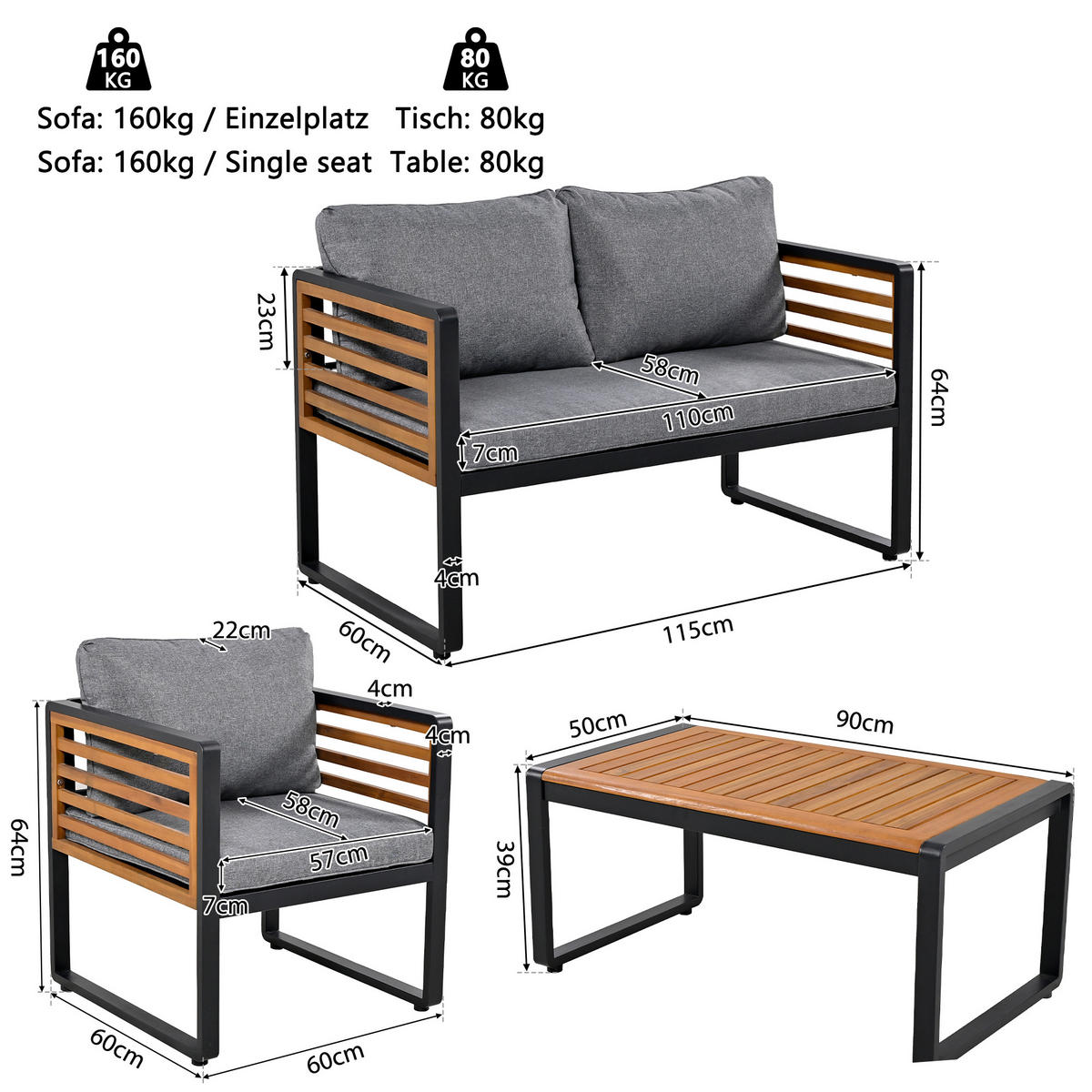 ESSGRUPPE 6-tlg. Grau 1x Sofa 2x Stühle 1x Tisch - Grau, Metall - FLIEKS