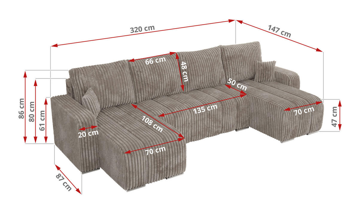 WOHNLANDSCHAFT KIRASSO U Hellbraun Cord - Hellbraun/Grau, Textil/Metall (320/86/147cm) - MKS