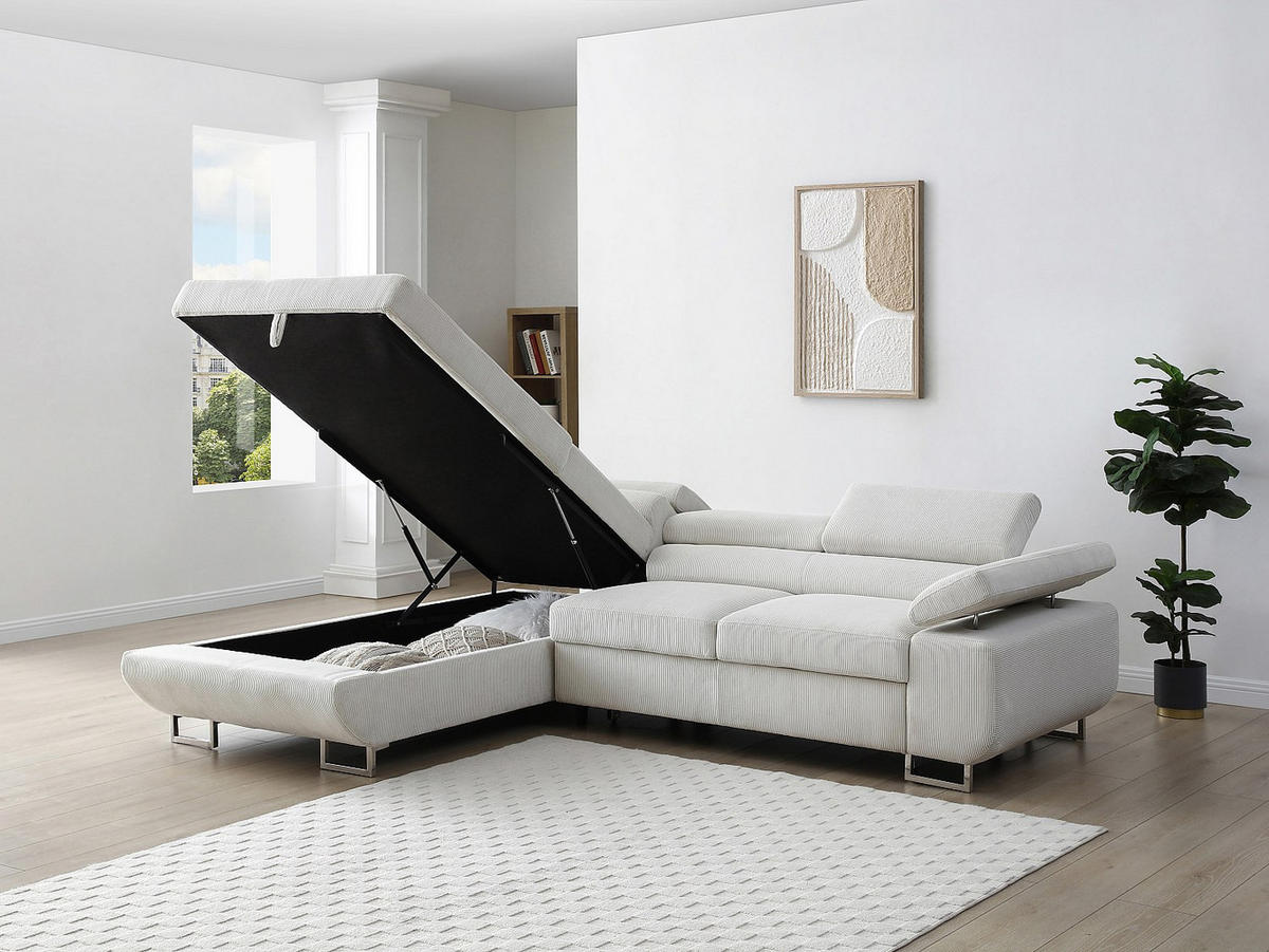 ECKSOFA mit Schlaffunktion - Ecke links - Cord - Beige - NURAZIO - Beige, Textil (268/202cm) - Vente-Unique