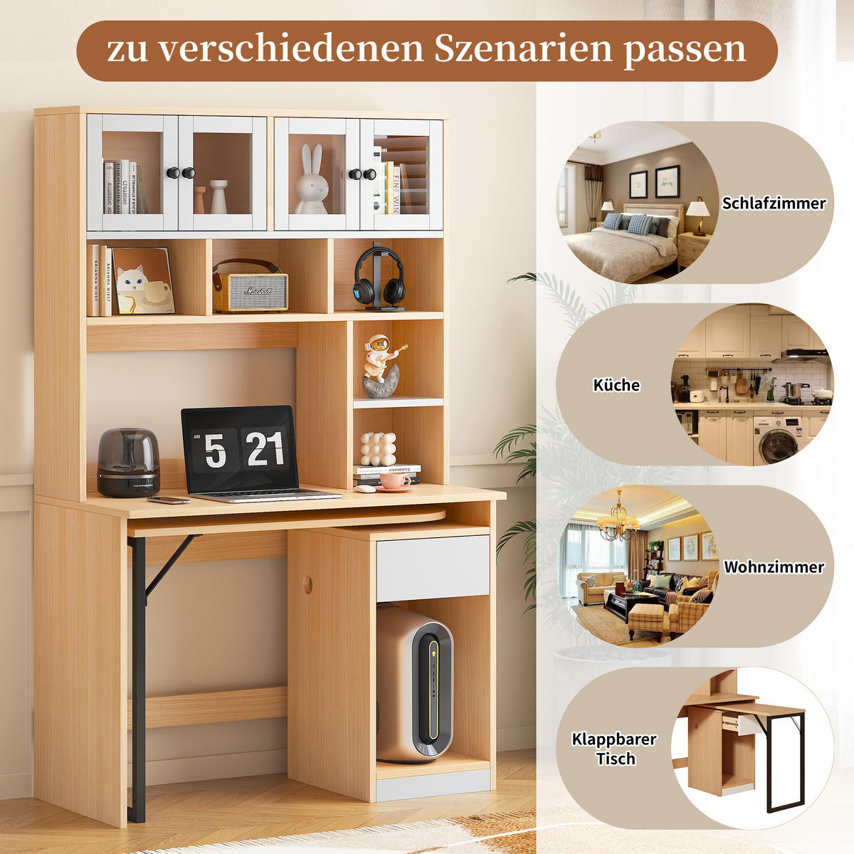 SCHRANKSCHREIBTISCH ARBEITSTISCH in Naturfarben Computertisch Schreibtisch mit Regal Schrank, Stauraum ,B110/T55/H180cm - Transparent/Naturfarben, Holzwerkstoff (55/110/180cm) - STILVORA