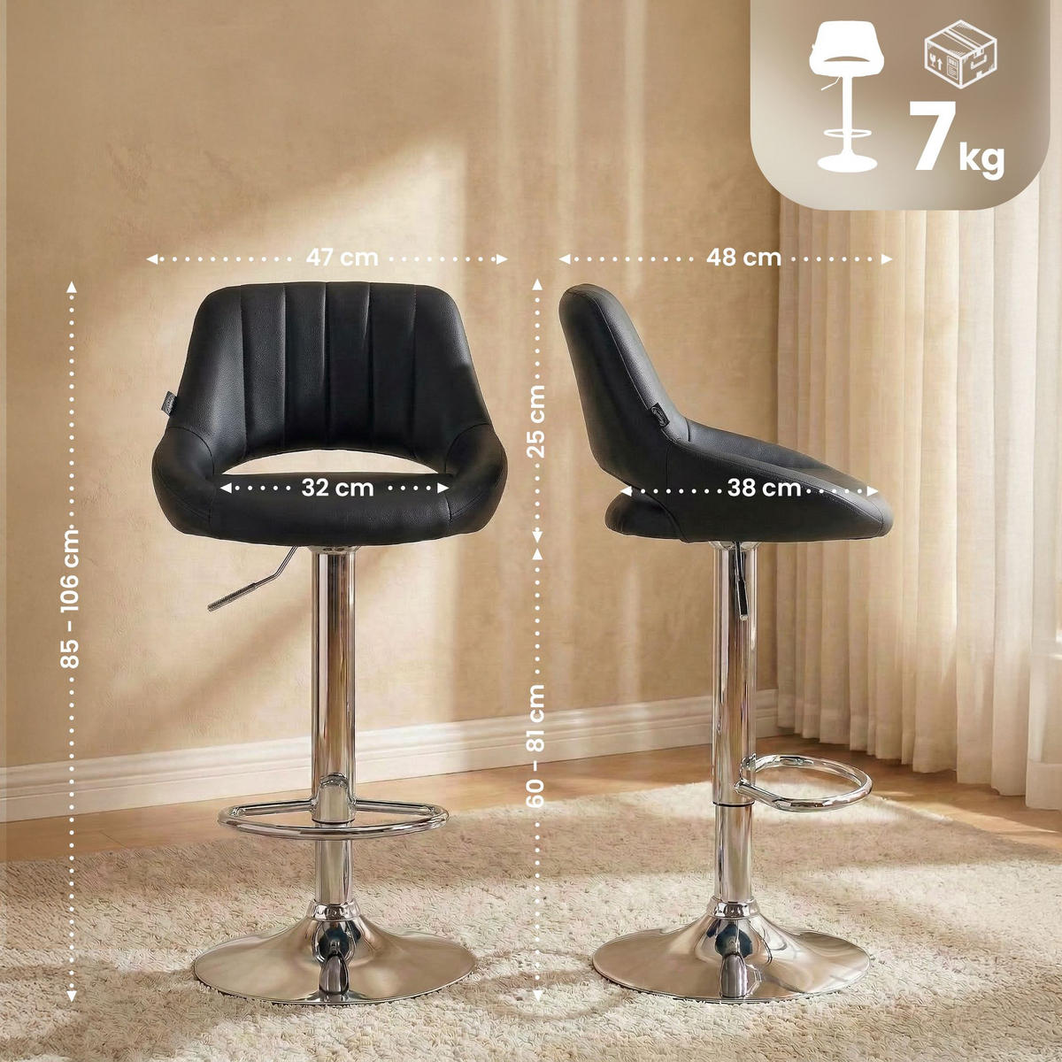 BARHOCKER Lederlook Schwarz - Chromfarben/Schwarz, Textil/Metall (47/85/48cm) - CLP