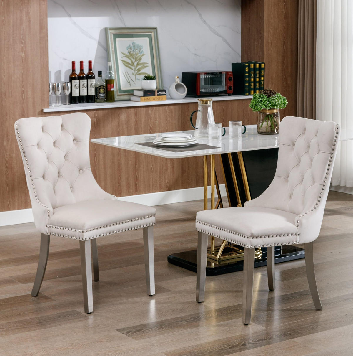 ESSZIMMERSTUHL 2er-Set hohe Rückenlehne Samt Beige - Beige, Metall (50/95/65cm) - Meubliv
