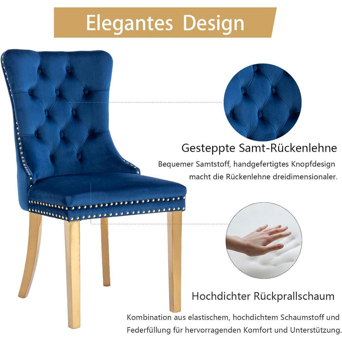 ESSZIMMERSTUHL 2er-Set Samt Blau mit goldenen Edelstahlbeinen - Blau, Textil (50/95.2/62cm)