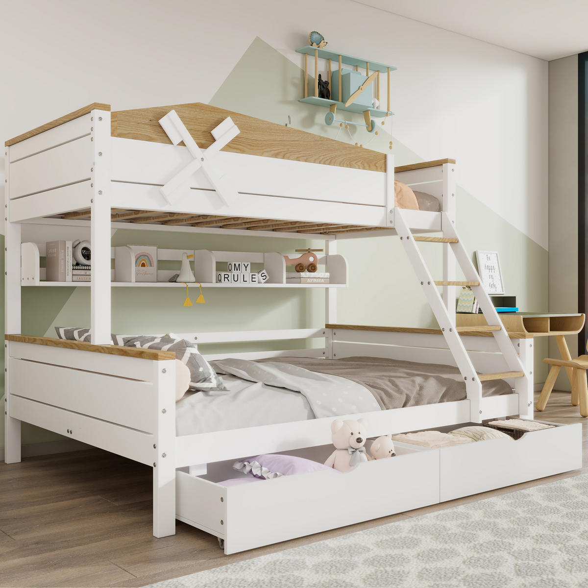 ETAGENBETT 90/200 cm & 140/200 cm in Weiß/Natur mit Windmühle, Regalen und Schubladen - Weiß, Holzwerkstoff (90/200cm) - OKMYHOME