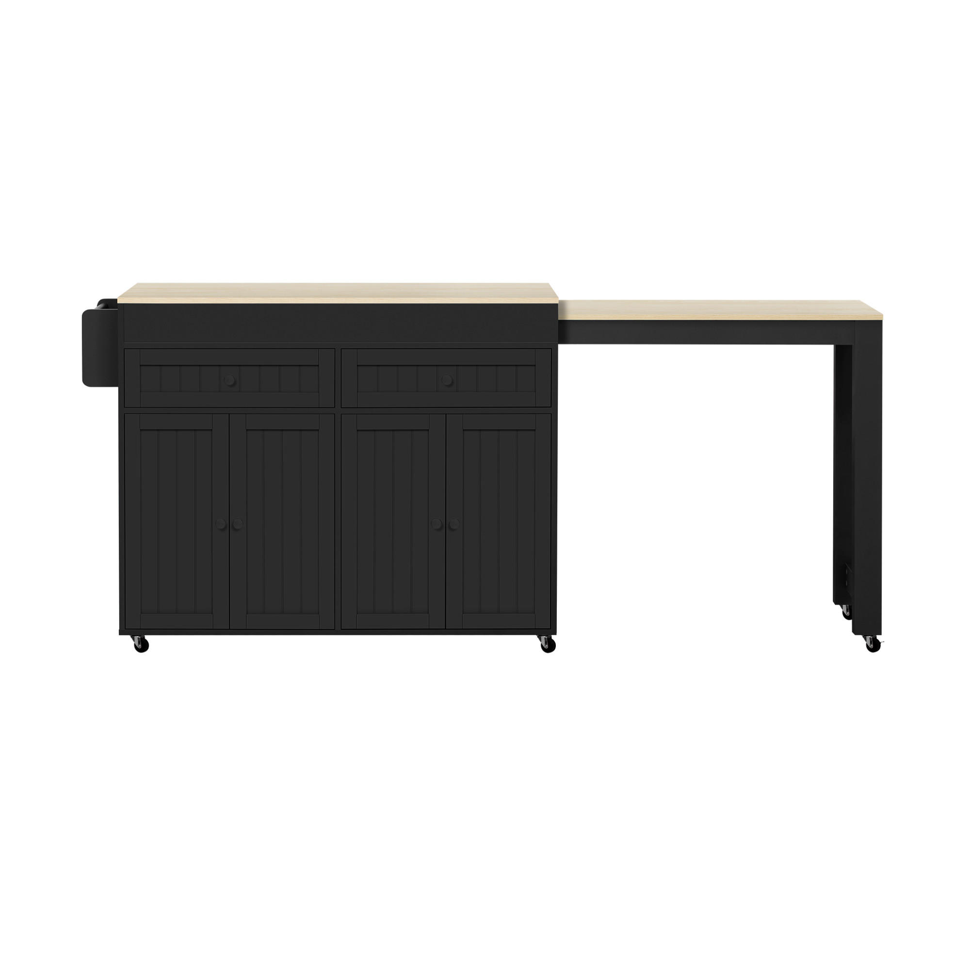 KÜCHENINSEL 112-180,5/45/92,2 cm mit ausziehbarer Arbeitsplatte und Rollen, MDF, Schwarz/Natur - Schwarz, Holzwerkstoff (180.5/92.2/45cm) - Redom