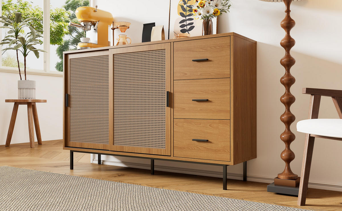 SIDEBOARD mit 2 Schiebetüren aus Rattan und 3 Schubladen, Natur, Spanplatte, 140/37/91 cm, Natur - Naturfarben, Holzwerkstoff (140/91/37cm) - Redom