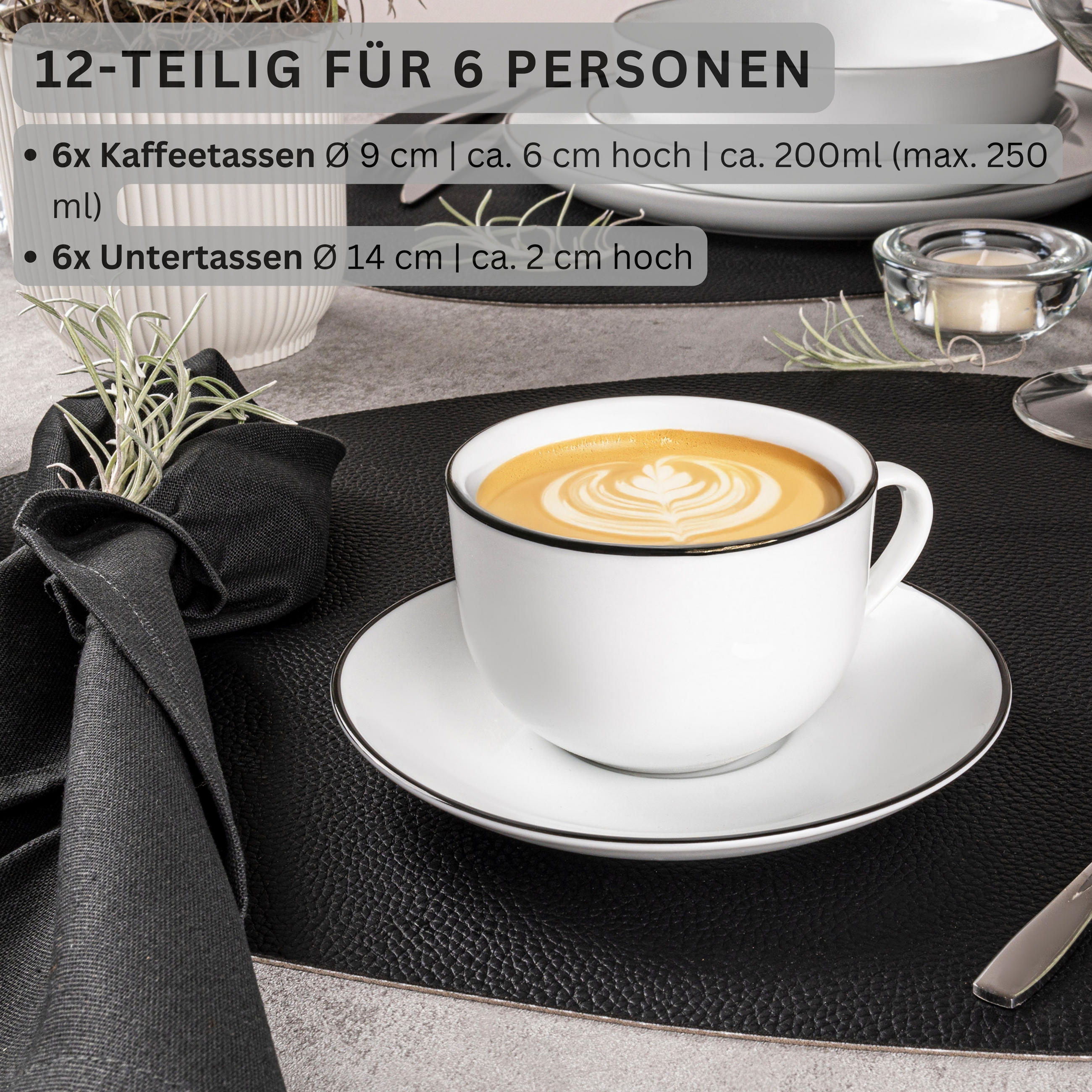 KAFFEETASSEN SET MARLO BLACK RIM LIMITED EDITION - 12 teilig aus Porzellan - Weiß, Keramik (0.2L) - Sänger