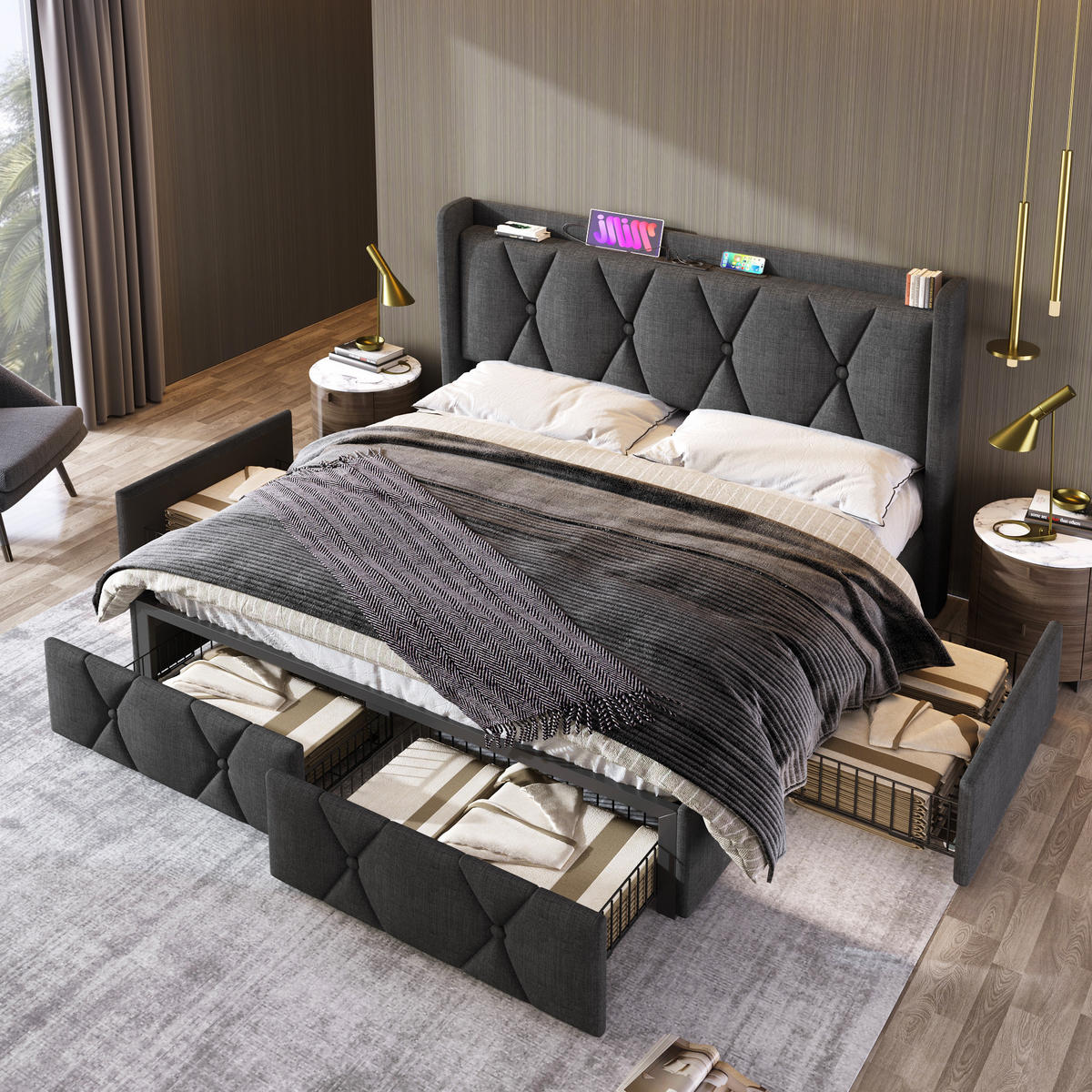 BETT mit USB und 4 Schubladen 140x200 cm Leinen Grau - Grau, Metall (140/200cm) - Meubliv