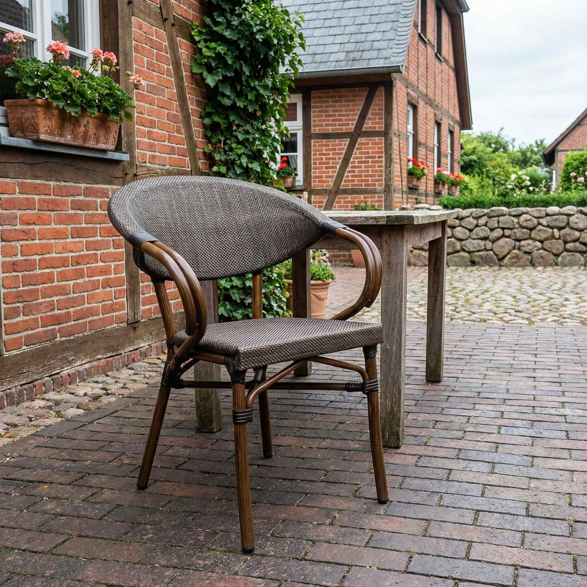 BISTROSTUHL Mia Stapelbar Französisch-Mediterran 57x57x83cm Stoff Coffee Gartenstuhl - Mokka, Kunststoff (57/83/57cm) - DELUKE