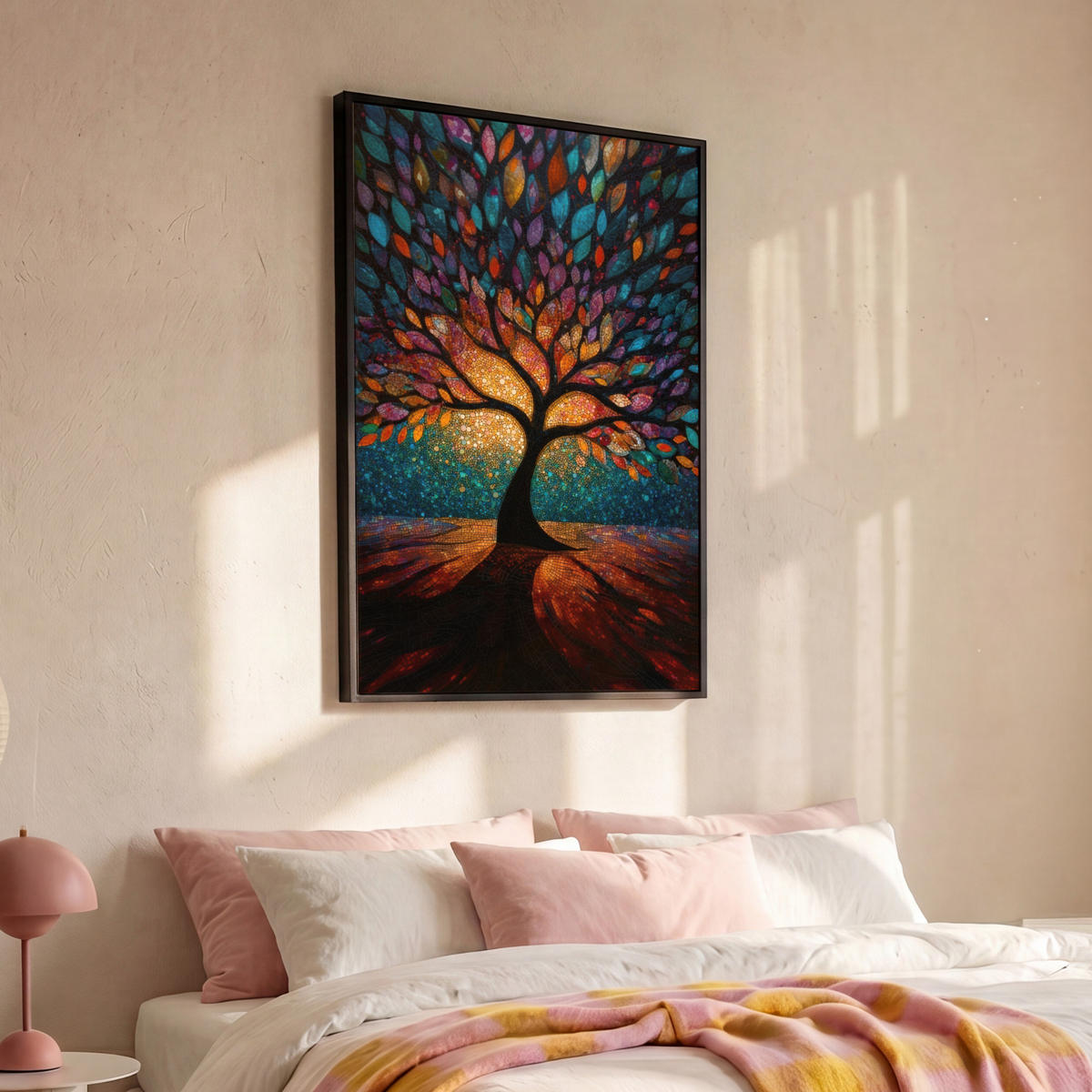 LEINWAND Bilder mit Rahmen - Mosaik - Bunt - Baum - Äste - 90x140 - Multicolor, Textil (90/140cm) - MuchoWow