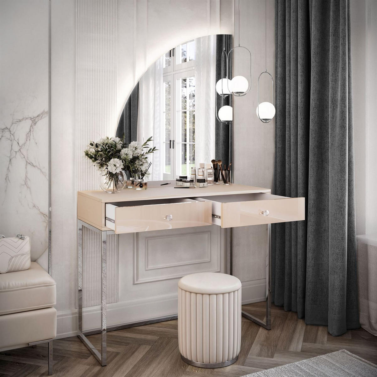 SCHMINKTISCH QUINNIE KASCHMIR mit LED-Spiegel Chrom links Griff Kristall - Kaschmir/Silberfarben, Holzwerkstoff (100/175/42cm) - Lookway