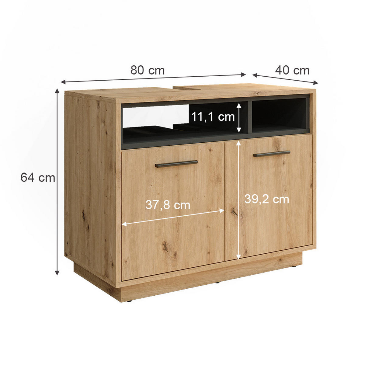 WASCHBECKENUNTERSCHRANK Beatrice Artisan Eiche/Anthrazit 80 x 64 cm - Eiche Artisan, Holzwerkstoff (80/64/40cm) - Vicco