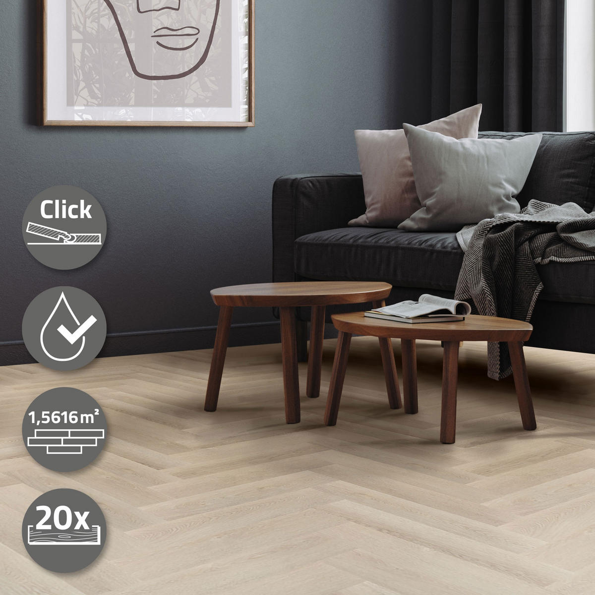 VINYLBODEN Click 1,56m²/20 Dielen Fischgrät Eiche Hell - Braun, Kunststoff (61.5/12.8/0.42cm) - ML-DESIGN