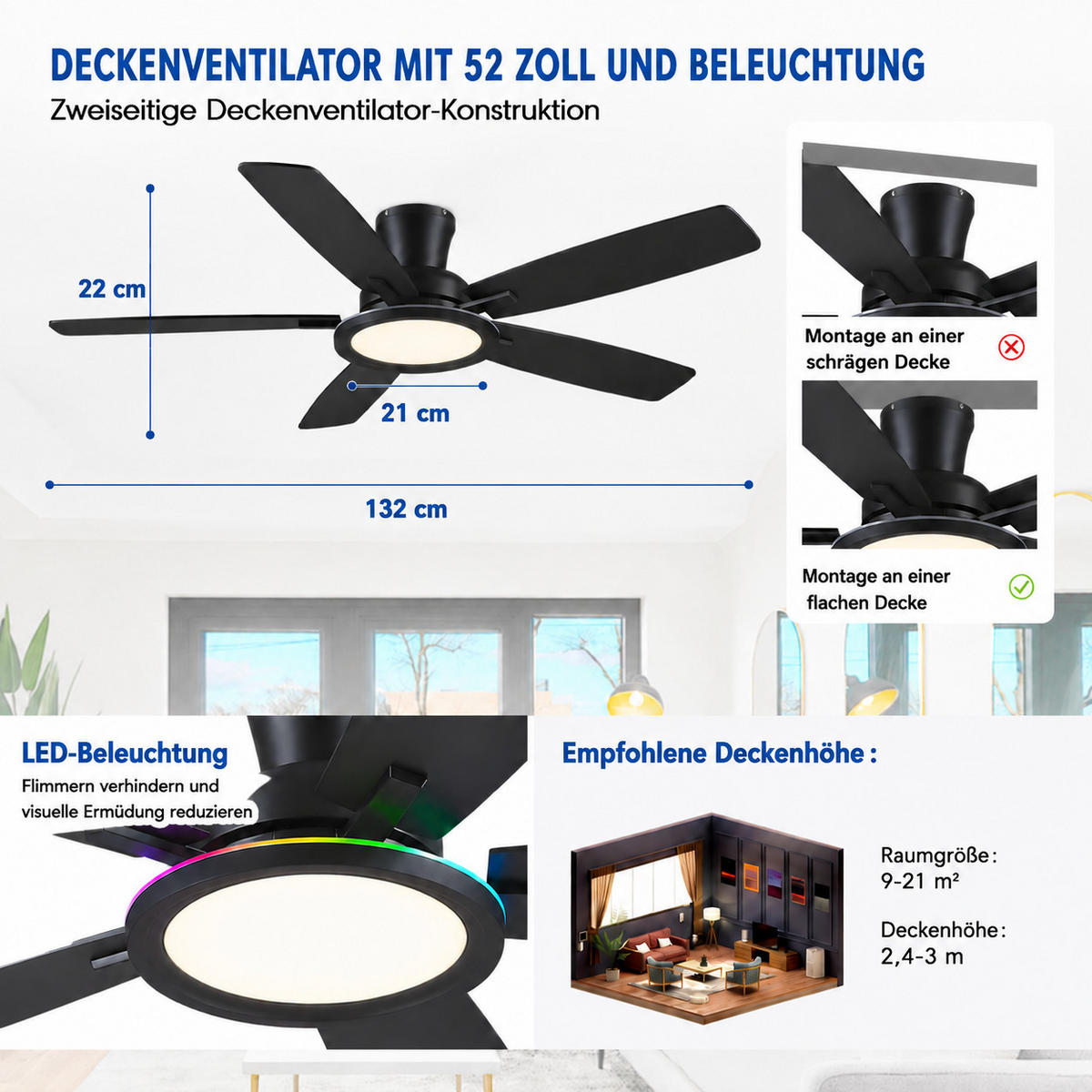 DECKENVENTILATOR Schwarz 132 cm mit RGB-LED und leisem DC-Motor - Schwarz, Metall (132/132/22cm) - Surtime